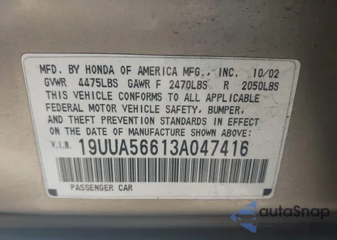 2003 Acura Tl 3.2 из США, поврежденный, VIN 19UUA56613A047416